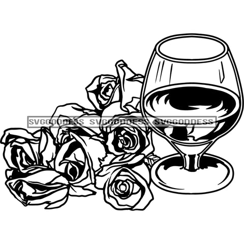 Wine Rose Heart Love Symbol Glass Drink Valentine Romantic Flower Vintage Decoration  B/W SVG JPG PNG  Designs Cricut Silhouette Cut Cutting