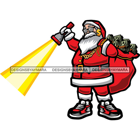 Gangster Santa Claus Flashlight Gangsta Gold Chain Money Bag Cash Gifts Surprise Merry Christmas Happy Holyday Santa Outfit Santa Hat SVG PNG JPG Cut Files For Silhouette Cricut and More!