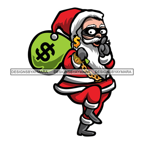 Gangster Santa Claus Gangsta Gold Chain Money Bag Cash Gifts Surprise Merry Christmas Happy Holyday Santa Outfit Santa Hat SVG PNG JPG Cut Files For Silhouette Cricut and More!