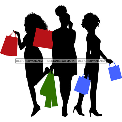 Silhouette 3 Black Women With Afro Bun Shopping With Shopping Bags SVG JPG PNG Vector Clipart Cricut Silhouette Cut Cutting