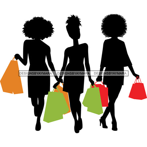 Friends Silhouette 3 Black Women With Afros Shopping With Shopping Bags SVG JPG PNG Vector Clipart Cricut Silhouette Cut Cutting