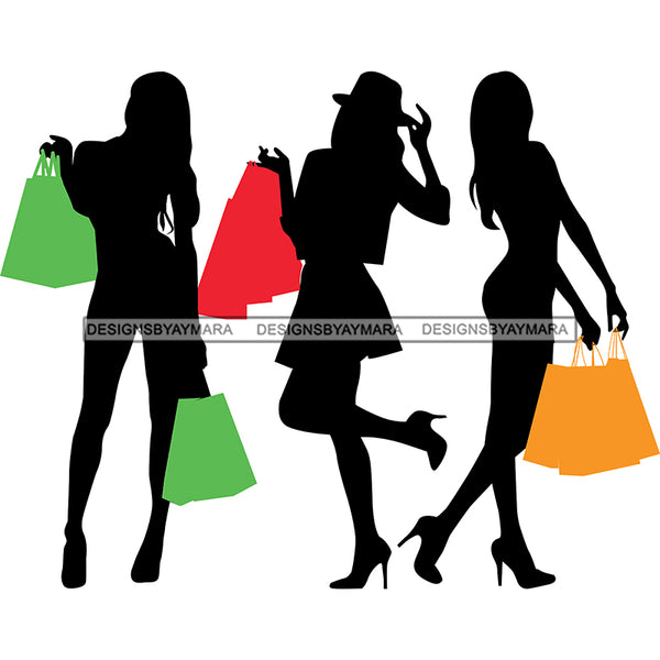 Friends Silhouette 3 Black Women With Hat Shopping With Shopping Bags SVG JPG PNG Vector Clipart Cricut Silhouette Cut Cutting