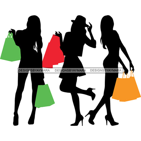Friends Silhouette 3 Black Women With Hat Shopping With Shopping Bags SVG JPG PNG Vector Clipart Cricut Silhouette Cut Cutting