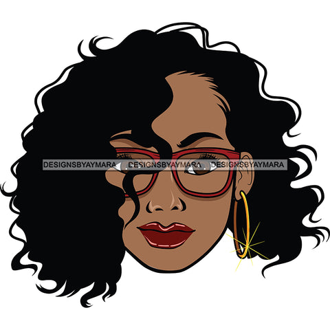 Wavy Haired Black Woman's Head With Red Glasses  SVG JPG PNG Vector Clipart Cricut Silhouette Cut Cutting