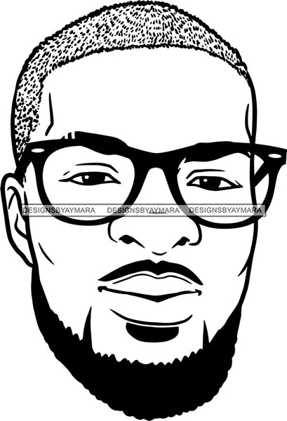 Afro Handsome Sexy Black Man Bearded Glasses Hipster Model Fashion Male Guy Stylish Close-up Macho Manly B/W SVG Files For Cutting
