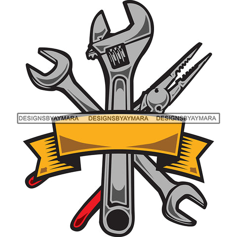 Tools 5 Silver Wrench Pliers Gold Banner Logo SVG JPG PNG Vector Clipart Cricut Silhouette Cut Cutting