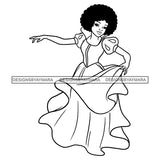 Black Princess Long Dress Afro Hairstyle Cartoon Illustration Hero's Fantasy Animation Fairy Black Figure Designs For T-Shirt and Other Products SVG PNG JPG Cutting Files For Silhouette Cricut and More!