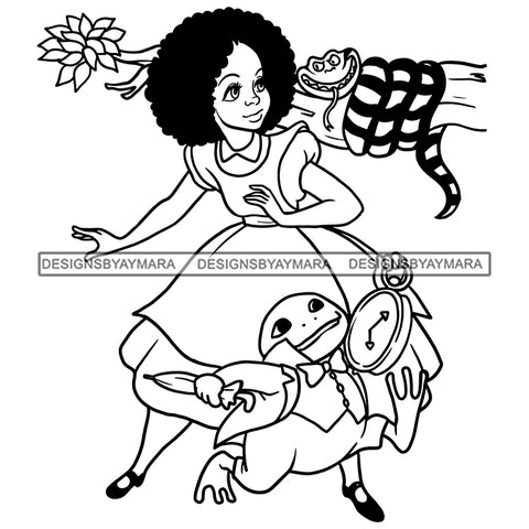 Black Princess Alice Wonderland Clock Animals Cartoon Illustration Hero's Fantasy Animation Fairy Black Figure Designs For T-Shirt and Other Products SVG PNG JPG Cutting Files For Silhouette Cricut and More!