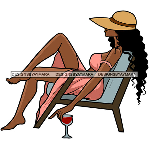 Woman Beach Chair Relaxing Drinking Sunbath Hat Melanin Morena Bella Big Afro Puff Kinky Hair Designs For T-Shirt and Other Products SVG PNG JPG Cutting Files For Silhouette Cricut and More!