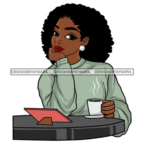 Pretty Afro Woman Drinking Coffee Tablet Melanin Morena Bella Big Afro Puff Kinky Hair Designs For T-Shirt and Other Products SVG PNG JPG Cutting Files For Silhouette Cricut and More!