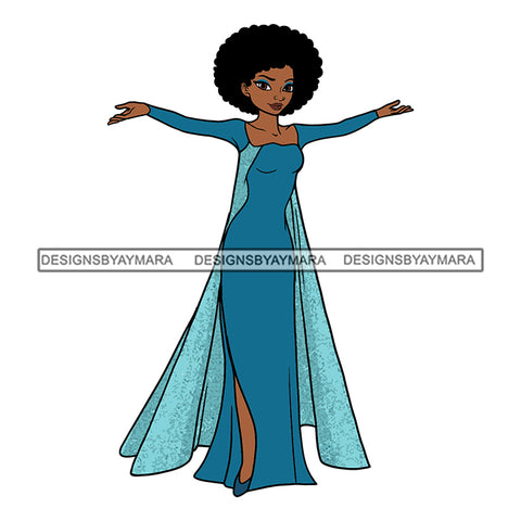 Black Princess Afro Kinky Hair Long Blue Dress Cartoon Illustration Hero's Fantasy Animation Fairy Black Figure Designs For T-Shirt and Other Products SVG PNG JPG Cutting Files For Silhouette Cricut and More!
