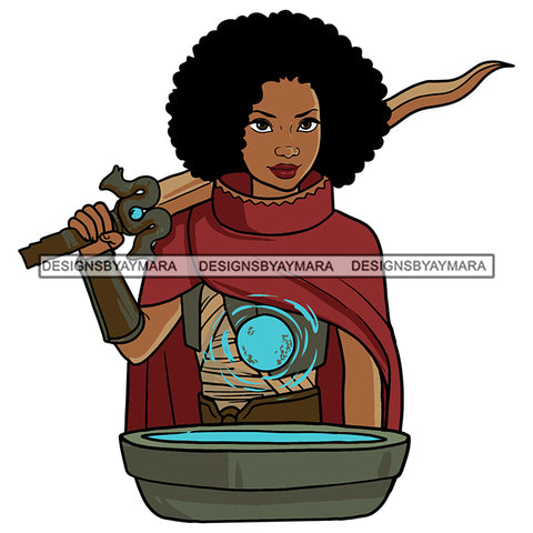 Black Princess Warrior Sword Fighter Afro Kinky Hair Cartoon Illustration Hero's Fantasy Animation Fairy Black Figure Designs For T-Shirt and Other Products SVG PNG JPG Cutting Files For Silhouette Cricut and More!