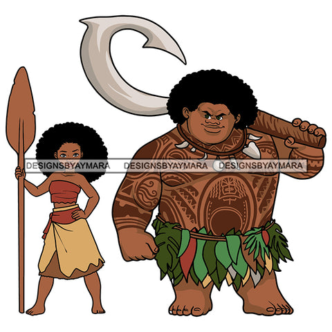 Black Moana Princess Arrow Big Man Tattoo Hawaii Afro Hairstyle Cartoon Illustration Hero's Fantasy Animation Fairy Black Figure Designs For T-Shirt and Other Products SVG PNG JPG Cutting Files For Silhouette Cricut and More!