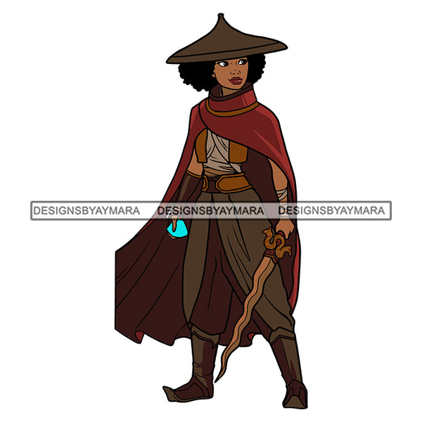 Black Princess Raya Warrior Fighter Justice Sword Hero Long Dress Afro Hairstyle Cartoon Illustration Hero's Fantasy Animation Fairy Black Figure Designs For T-Shirt and Other Products SVG PNG JPG Cutting Files For Silhouette Cricut and More!