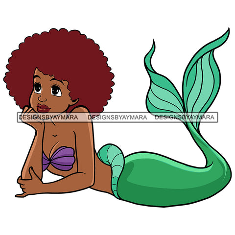 Black Princess Mermaid Green Tail Red Afro Hairstyle Cartoon Illustration Hero's Fantasy Animation Fairy Black Figure Designs For T-Shirt and Other Products SVG PNG JPG Cutting Files For Silhouette Cricut and More!