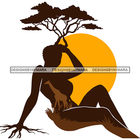 Afro Woman Brown Silhouette African Safari Hand Roots Sun Background Nature Melanin  SVG JPG PNG Vector Clipart Cricut Silhouette Cut Cutting