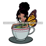 Cute White Girl Baby Kid Fairy Butterfly Dress Black Hairs Sitting Coffee Cup Mug SVG JPG PNG Vector Clipart Cricut Silhouette Cut Cutting