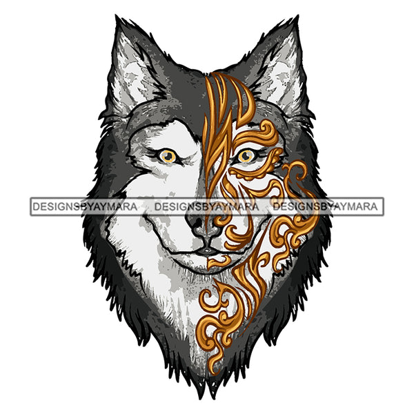 Black Wolf Face Gold Tattoo Print Dangerous Animals SVG JPG PNG Vector Clipart Cricut Silhouette Cut Cutting