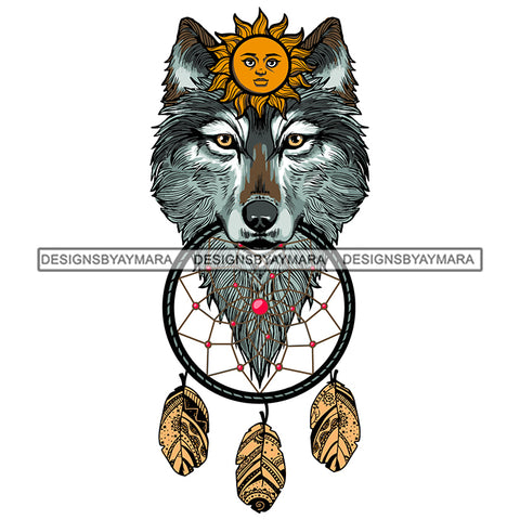 Black Wolf Face Holding Dreamcatcher Yellow Sun Dreamlike Paranormal Ethereal Mystery Spirituality .SVG .EPS .PNG Vector Clipart Digital Download Circuit Cut Cutting