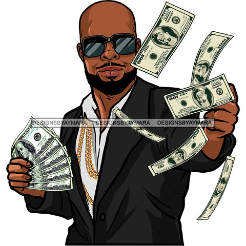Bald Black Man With Beard Tossing Money Dollar Bills Gold Chain  JPG PNG  Clipart Cricut Silhouette Cut Cutting