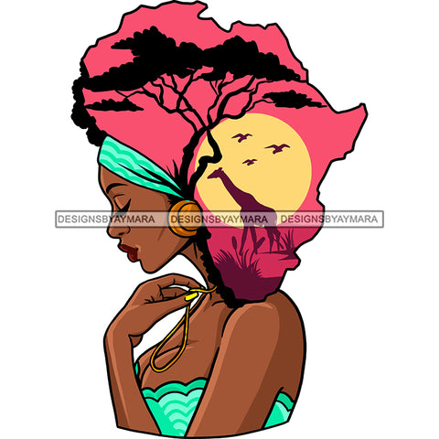 Black Woman Lady Africa Continent Shape Head Turquoise Drape Dress Pink Giraffe Trees Sun Headwrap Braids Locs Side View Gold Necklace Earring Clipart Graphic  Skillz JPG PNG  Clipart Cricut Silhouette Cut Cutting