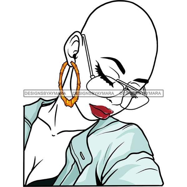 Bald Black Woman Eyeglasses Red Lips Blue Blouse Shirt Eyes Closed Bent Head Gold Hoops Transparent Clipart Graphic  Skillz JPG PNG  Clipart Cricut Silhouette Cut Cutting