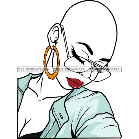 Bald Black Woman Eyeglasses Red Lips Blue Blouse Shirt Eyes Closed Bent Head Gold Hoops Transparent Clipart Graphic  Skillz JPG PNG  Clipart Cricut Silhouette Cut Cutting