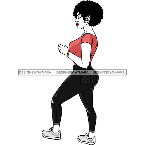 Young Black Woman Afro Black Ripped Torn Jeans Pink Top Standing Gold Bracelet  White Sneakers Hips Clipart Graphic  Skillz JPG PNG  Clipart Cricut Silhouette Cut Cutting