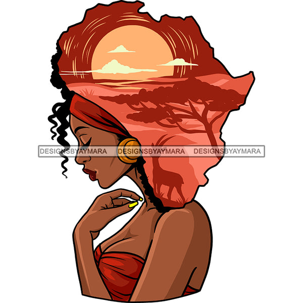 Black Woman Lady Africa Continent Shape Head Drape Dress Pink Brown Elk Trees Headwrap Braids Locs Side View Gold Earring Clipart Graphic  Skillz JPG PNG  Clipart Cricut Silhouette Cut Cutting