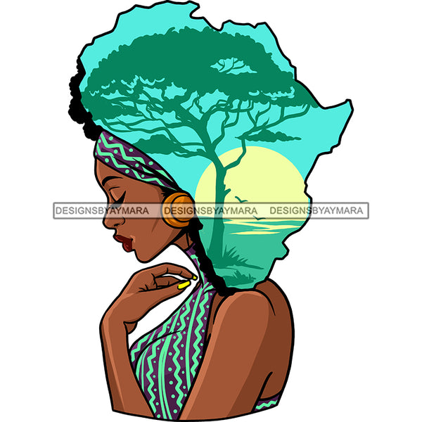 Black Woman Lady Africa Continent Shape Head Drape Dress Turquoise Trees Sun Headwrap Braids Locs Side View Gold Earring Clipart Graphic  Skillz JPG PNG  Clipart Cricut Silhouette Cut Cutting