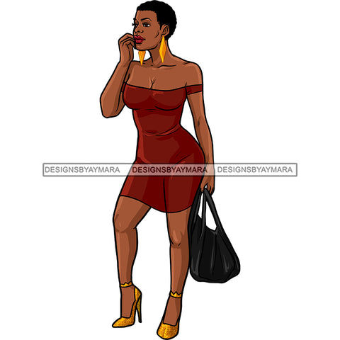 Sassy Black Queen In Rust Red Dress And Heels Short Afro JPG PNG  Clipart Cricut Silhouette Cut Cutting