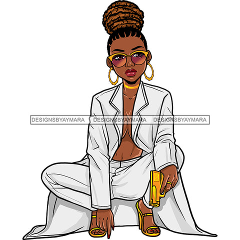 Black Queen In White Suit With Gold Gun Braids JPG PNG  Clipart Cricut Silhouette Cut Cutting