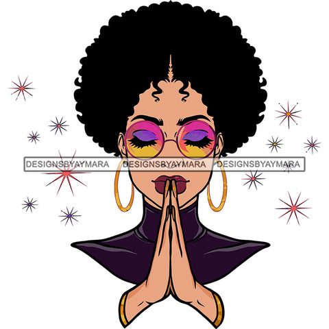 Melanin Afro Woman Praying God Lord Colorful Glasses Prayers Hands Pray Religion Holy Worship Hope Faith Spiritual PNG JPG Cutting Designs