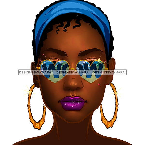 Brown Skin Diva Wearing Heart Shaped WOW In Blue Sunglasses And Blue Headwrap JPG PNG  Clipart Cricut Silhouette Cut Cutting