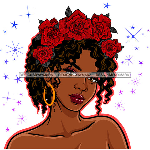Black Queen Curly Hair With Red Rose Headband  JPG PNG  Clipart Cricut Silhouette Cut Cutting