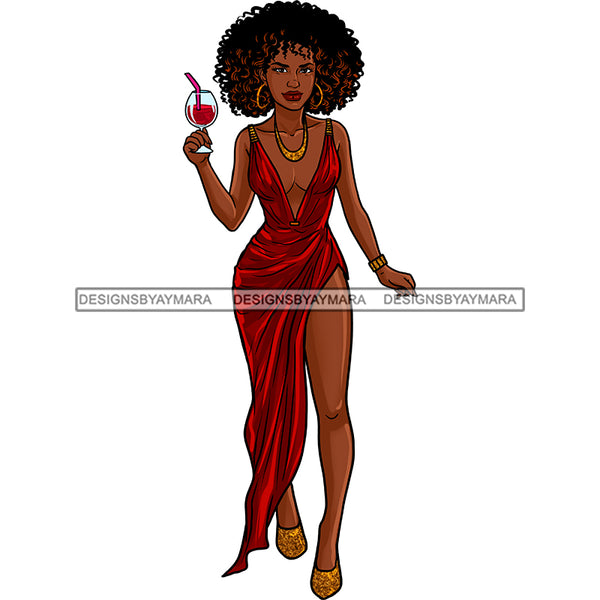 Sexy Black Woman Wearing Red Split Gown Holding Glass Of Wine JPG PNG  Clipart Cricut Silhouette Cut Cutting
