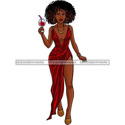 Sexy Black Woman Wearing Red Split Gown Holding Glass Of Wine JPG PNG  Clipart Cricut Silhouette Cut Cutting