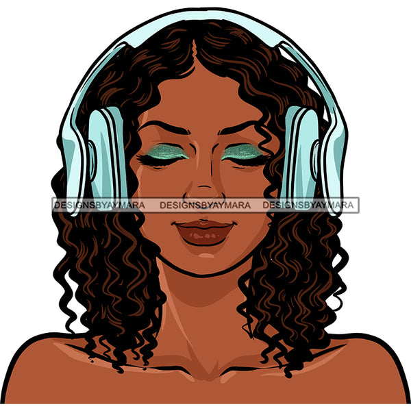 Curly Haired Black  Woman Wearing Blue Headphones JPG PNG  Clipart Cricut Silhouette Cut Cutting