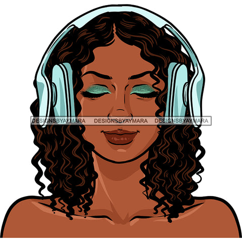 Curly Haired Black  Woman Wearing Blue Headphones JPG PNG  Clipart Cricut Silhouette Cut Cutting