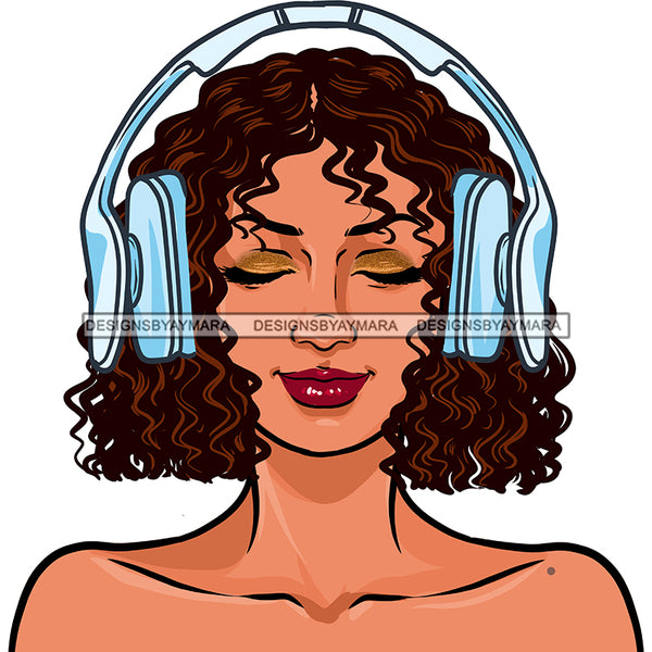Curly Haired White  Woman Wearing Blue Headphones JPG PNG  Clipart Cricut Silhouette Cut Cutting