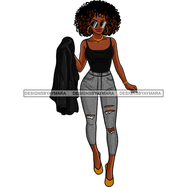 Sexy Black Woman Wearing Gray Jeans Black Top  Holding A Jacket JPG PNG  Clipart Cricut Silhouette Cut Cutting