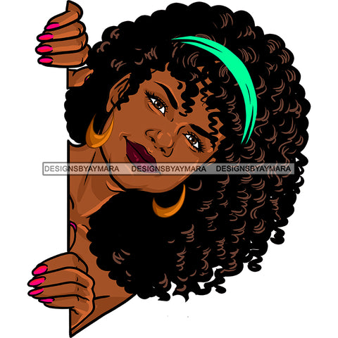 Peek A Boo Black Woman Curly Hair  Green Headband Pink Nails JPG PNG  Clipart Cricut Silhouette Cut Cutting
