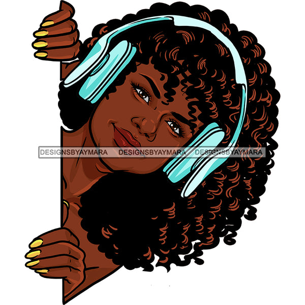 Peek A Boo White Woman Curly Hair Blue Headphones JPG PNG  Clipart Cricut Silhouette Cut Cutting