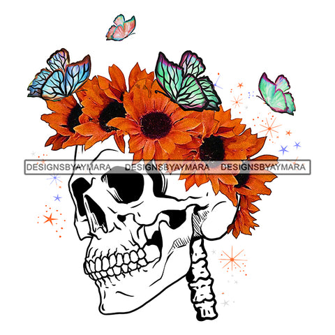 Skull Skullhead Skeleton Orange with Butterflies Flowers Headpiece Headband JPG PNG  Clipart Cricut Silhouette Cut Cutting