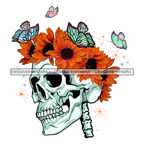 Skull Skullhead Skeleton Orange with Butterflies Flowers Headpiece Headband JPG PNG  Clipart Cricut Silhouette Cut Cutting