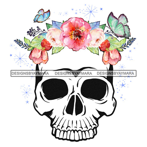Skull Art White Skull With Pink Flowers JPG PNG  Clipart Cricut Silhouette Cut Cutting