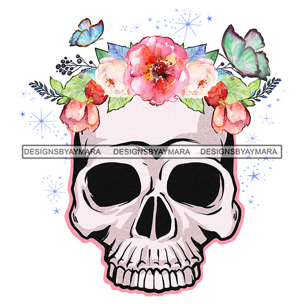 Skull Art White Skull With Butterflies Pink Flowers JPG PNG  Clipart Cricut Silhouette Cut Cutting