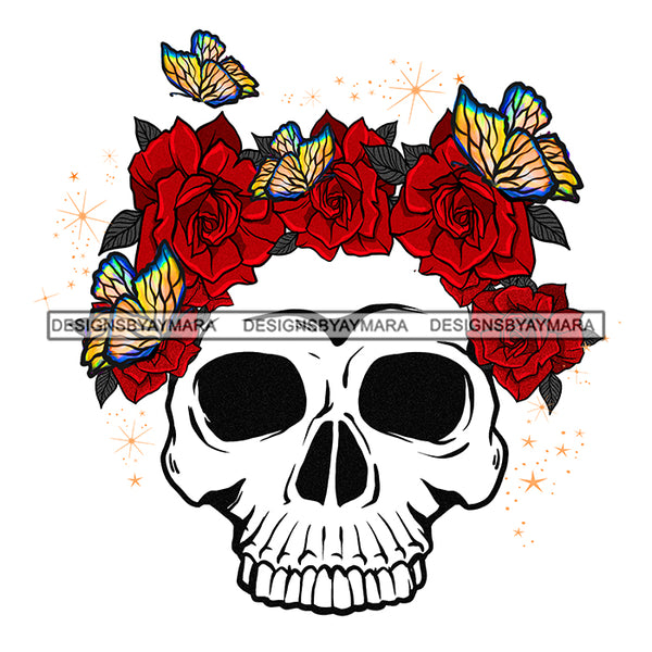 Skull Skullhead Red Roses Butterflies  Flowers Headpiece Headband JPG PNG  Clipart Cricut Silhouette Cut Cutting