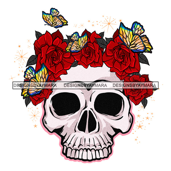 Skull Skullhead Red Roses Butterflies  Flowers Headpiece Headband JPG PNG  Clipart Cricut Silhouette Cut Cutting