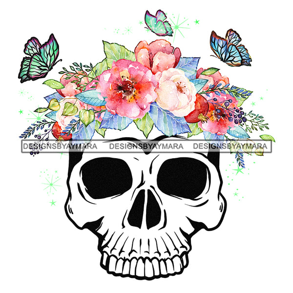 Skull Skullhead Butterflies Pink And White  Flowers Headpiece Headband JPG PNG  Clipart Cricut Silhouette Cut Cutting